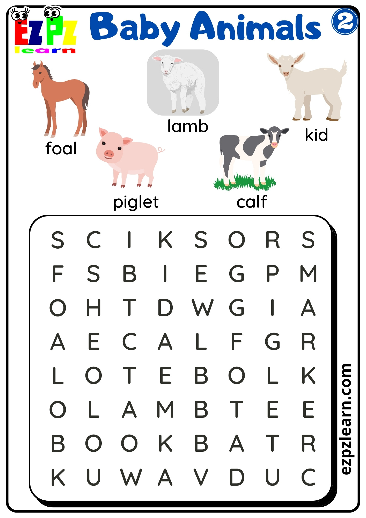 Word search baby store animals